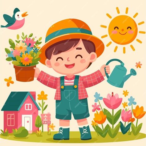 A flat illustration design of daily activity in spring season in the world | Premium AI-generated vector Gardening Cartoon, Cozy Spring Illustration, Rainy Season Illustration, Spring Garden Illustration, Spring Vector Illustration, Daily Activities, Spring Season, Flat Illustration, Ecology