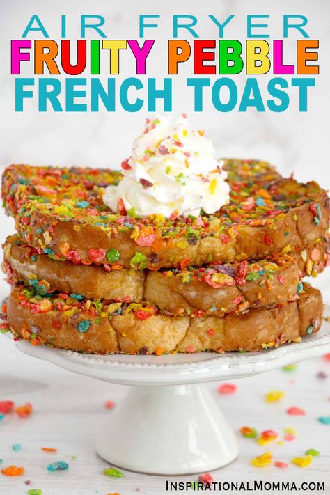 Air Fryer Fruity Pebble French Toast is easy to make and oh so delicious. Your entire family is going to love this easy air fryer breakfast. #inspirationalmomma #airfryerfrenchtoast #fruitypebblefrenchtoast #airfryerbreakfast #airfryerbreakfastrecipes French Toast Air Fryer, Fruity Pebbles French Toast, Toast Air Fryer, Airfryer Breakfast, Air Fryer Breakfast, Air Fryer Recipes Breakfast, Fruity Pebble, Fruity Pebbles Cereal, Make French Toast