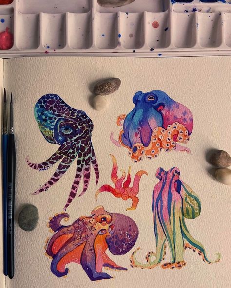 Cute Octopus Art, Advanced Art Projects, Cute Octopus Drawing, Octopus Drawings, Draw An Octopus, Octopus Watercolor Painting, Octopus Sketch, With Them, Water Colour Art