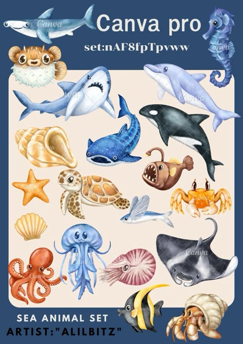 Sea animal Canva element canvafireworks #kawaielement #elementcanva Font Canva Lettering, Ocean Elements, Sea Creatures Drawing, Sea Poster, Sailor Baby, Canva Keywords, Keyword Elements Canva, Canva Element Keyword, Canvas Learning