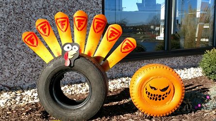 Tire Art | Performance Tire & Auto Service Halloween Tire Decorations, Jeep Crafts, Tire Decor, Tire Decoration, Recycle Tires, Tire Ideas, Tire Projects, Poppy Tutorial, Tractor Decor