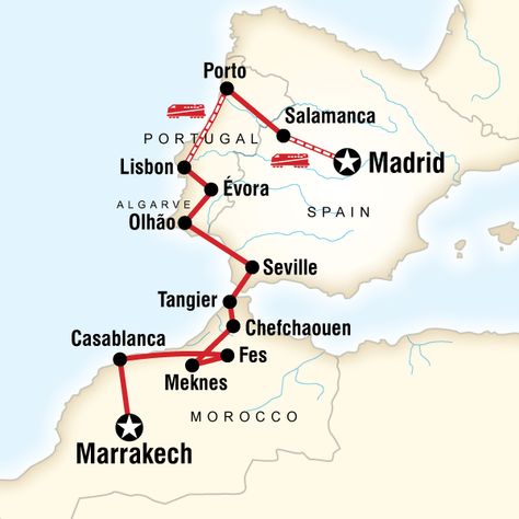 Map of the route for Spain, Portugal, and Morocco Adventure Morocco Itinerary, Map Of Spain, Portugal Vacation, Seven Hills, Adventure Map, Spain Portugal, Travel Notes, Travel Route, Travel Writing