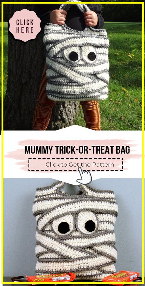 crochet Mummy Trick-or-Treat Bag easy pattern - Easy Crochet Bag Pattern for Beginners. Click to Try the Pattern #Bag #crochetpattern #crochet via @shareapattern.com Crochet Pour Halloween, Confection Au Crochet, Halloween Candy Bags, Mummy Bag, Easter Crochet Patterns, Halloween Crochet Patterns, Halloween Treat Bags, Crochet Fall, Holiday Crochet