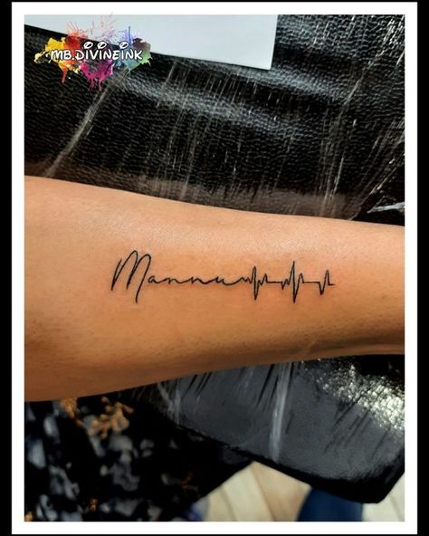 Heartbeat Tattoo Ideas With Name, Baby Heartbeat Tattoo, Heartbeat Name Tattoo, Small Tattoo Couple, Line Tattoo Forearm, Heart Beat Tattoo With Name, Love Small Tattoo, Heartbeat Tattoo Memorial, Name Tattoo Heart