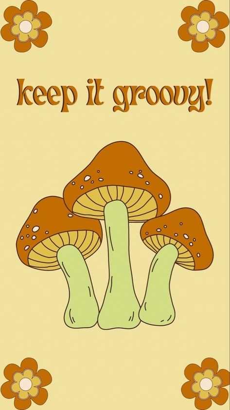 Yellow Mushroom Wallpaper, Orange Mushroom Drawing, Aesthetic Groovy Wallpaper, Groovy Mushroom Wallpaper, Yellow Mushroom Art, Orange Mushroom Aesthetic, Yellow Mushroom Aesthetic, Aesthetic Mushroom Wallpaper, Groovy Aesthetic 70s