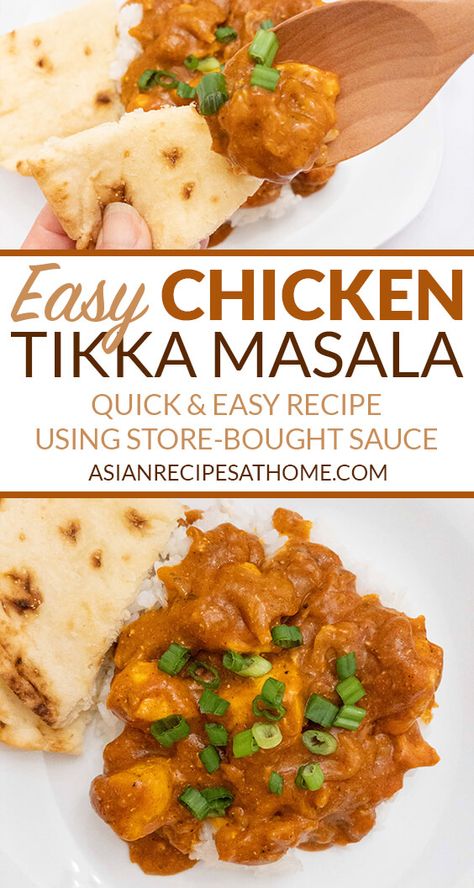 Easy Chicken Tikka Masala - This is a super easy and quick meal using store-bought Tikka Masala sauce that will satisfy your Indian food cravings. Full recipe at AsianRecipesAtHome.com #asianrecipes #tikkamasala #tikkamasalasauce #easydinnerrecipes #chickenrecipes #indianfood #glutenfreerecipes #quickandeasydinnerrecipes Easy Chicken Tikka Masala, Tikka Masala Sauce, Aldi Recipes, Chicken Tikka Masala Recipes, Asian Chicken Recipes, Masala Sauce, Tikka Masala Recipe, Healthy Chicken Recipes Easy, Chicken Breast Recipes Easy