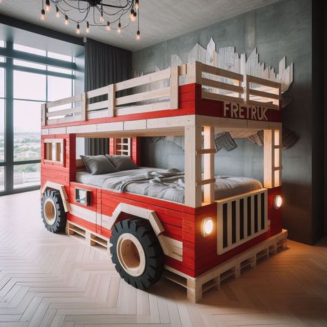 Firetruck-Inspired Bunk Bed: A Safe and Fun Sleeping Haven Fire Truck Themed Bedroom, Bulldozer Bed, Fire Truck Bed, Pallet Bunk Beds, Fire Truck Bedroom, Fire Truck Room, Firetruck Bed, Truck Bedroom, Truck Room