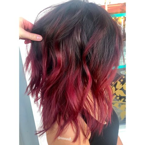 Red ombré long bob Vivid Hair Color For Pale Skin, Long Bob Hairstyles Red Hair, Short Brown Hair With Red Tips, Brown To Red Ombre Hair Short, Red Long Bob Hairstyles, Red Lob Hairstyle, Short Red Balayage, Short Brown And Red Hair, Burgundy Long Bob