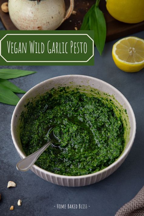 A flavorful vegan pesto with wild garlic, lemons and cashews | homebakedbliss.com Pasta Dairy Free, Vegan Dressing Recipes, Spring Risotto, Vegan Cheese Boards, Ramp Pesto, Wild Garlic Pesto, Dairy Free Recipe, Garlic Pesto, Vegan Pesto