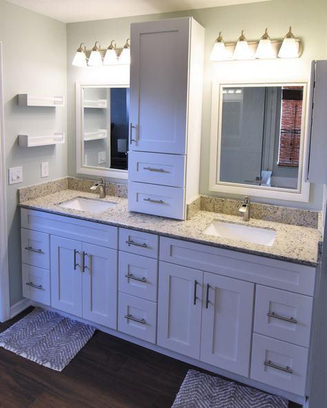 Ice White Shaker vanities with countertop wall cabinet, dual sinks and granite countertop. Cabinet On Countertop, Bathroom Countertop Cabinet, Large Bathroom Cabinets, Custom Bathroom Cabinets, Countertop Bathroom, Countertop Cabinet, Master Bath Vanity, Narrow Bathroom, Cabinets And Countertops