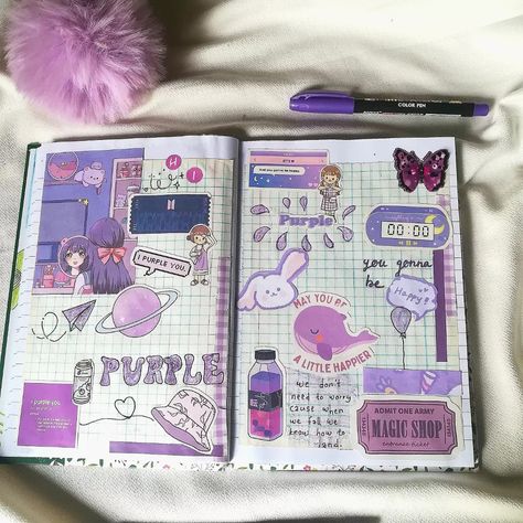 #Journal #Borahae #BTS #army #purple Purple Journal, Purple Diary, Creative Book Cover Designs, Mini Art Journal, Creative Book Covers, Diy Photo Book, Bullet Journal Cover Ideas, Bullet Journal Mood Tracker Ideas, Bullet Journal Paper