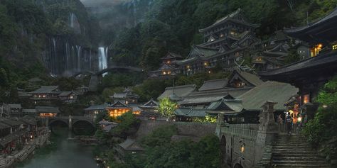 fantasy villages | Image found here: http://mattepainting.org/vb/showthread.php?t=5106 Japan Village, Konoha Village, Fantasy Village, Japanese Village, Japan Trip, Mountain Village, Fantasy City, Night Scene, City Wallpaper