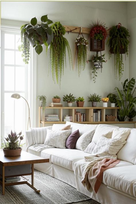 Elevate your living room with stunning wall decor above your couch. Discover inspiring ideas featuring plants, from cascading greenery to statement-making botanical prints. Create a lush and inviting atmosphere with these creative solutions. Living Room Plant Decor Ideas, Wall Decor With Plants, Oasis Living Room, Plant Decor Living Room, Living Room Plants Decor, Decor With Plants, Linen Couch, Plant Window, Behind Couch