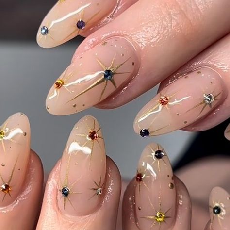 Celestial Gem Art Nails — Mad Mo Acrylic Nail Designs Celestial, Fall Celestial Nails, Celestial Bridal Nails, Mystical Nails Almond, New Orleans Nail Ideas, Celestial Gel Nails, Gem Christmas Nails, Cancerian Nails, Whimsigoth Nail Art