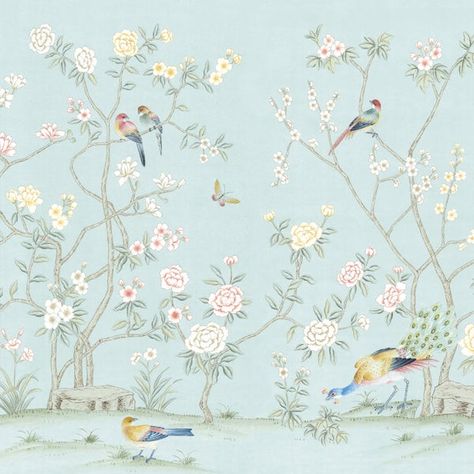 Collingwood Wallpaper, Chinoiserie Artwork, Vining Flowers, Chinoiserie Art, Blue Backdrop, Society Social, Benjamin Moore Colors, Chinoiserie Style, Chinoiserie Wallpaper