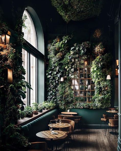 Midjourney Architecture on Instagram: "Created by @darylanselmo 230112 - oslo kaffebars, with living walls; set in #midjourney . the air is thick with the aroma of beans and the rustle of verdant living walls. a portal to a lush, living paradise. natural sanctuary to envelop patrons for a moment of tranquility. brief respite from osloite hustle and bustle. with every sip a ritual, a communion with nature and oneself. Follow @midjourney.architecture 🤍 Save for future inspiration 🤍 Check our web Forest Restaurant, Forest Cafe, Bookstore Cafe, Coffee Shop Aesthetic, Cafe Shop Design, Garden Cafe, Cafe Wall, Cozy Cafe, Coffee Shop Design