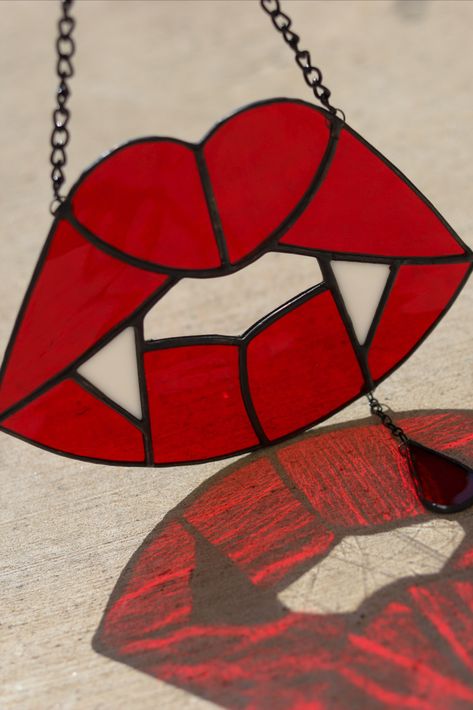 Sexy lips with drip :D Stained Glass Vampire Lips, Stained Glass Halloween, Spooky Wall Art, Vampire Lips, Witchy Goth, Goth Decor, Lip Stain, Stained Glass Art, San Antonio Tx