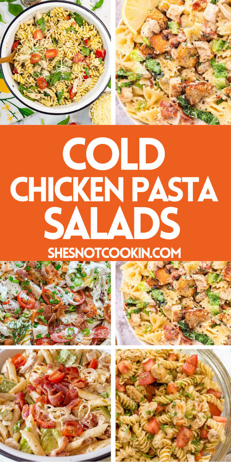 Photo collage of cold chicken pasta salads. Cold Pasta For Lunch, Cold Chicken Dinner Ideas, Cold On The Go Lunches, Cold Lunch Pasta Salads, Dinner Pasta Salad Recipes, Cold Dinner Recipes For Hot Days, Chicken Pasta Recipes Cold, Pasta Salads With Meat, Blt Chicken Pasta Salad