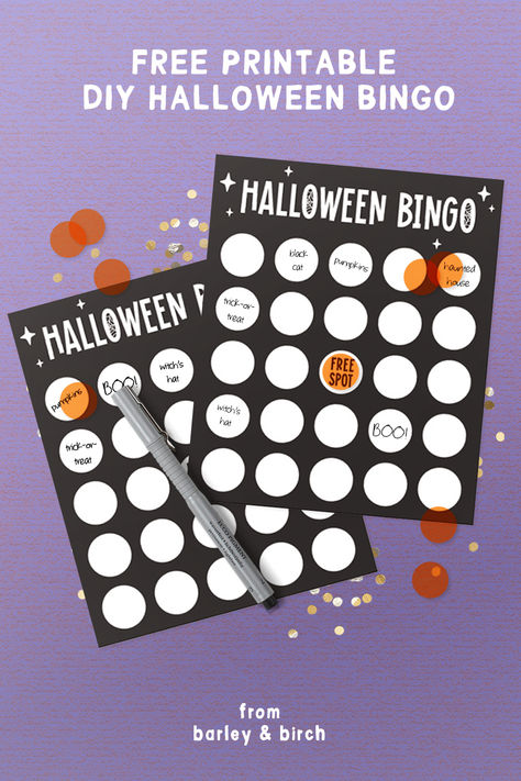 Two of our free printable PDF DIY Halloween bingo cards sitting on an purple background with orange bingo markers and confetti Drawing Activity For Kids, Halloween Bingo Free, Games Halloween Party, October Diy, Halloween Bingo Game, Bingo Games For Kids, Classroom Halloween, Games Halloween, Drawing Activity