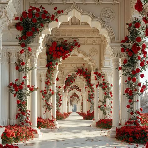 Roses Art Aesthetic, Red Places Aesthetic, Red Palace Aesthetic, Red Place Aesthetic, Red Aesthetic Place, Red Rose Garden Aesthetic, Red Rose Decorations, House With Pillars, Red Aesthetic Wedding