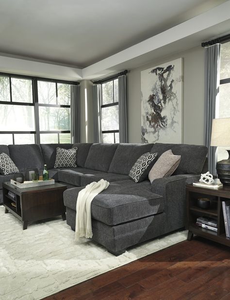 living room Gray Sectional Living Room, Dark Grey Couch Living Room, Dark Grey Sectional, Dark Gray Sofa, Grey Sofa Living Room, Turkish Furniture, Grey Couch Living Room, Sectional With Chaise, Corner Chaise