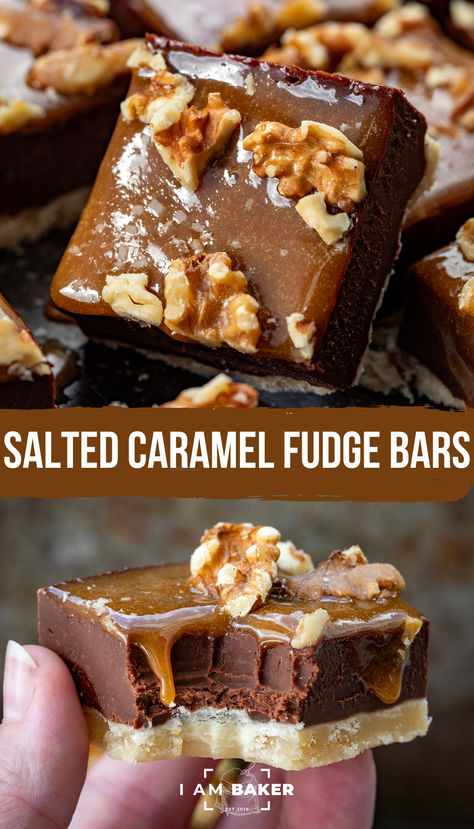 Salted Caramel Fudge Bars are a buttery shortbread crust topped with a layer of chocolate fudge, drizzled with caramel, and sprinkled with salt and walnuts. Salted Caramel Turtle Fudge Bars, Fudge Salted Caramel, Salted Caramel Shortbread Bars, Chocolate Caramel Fudge, Sweet Deserts, Easy Impressive Dessert, Chocolate Caramel Cookies, Food Clay, Caramel Cookies Bars