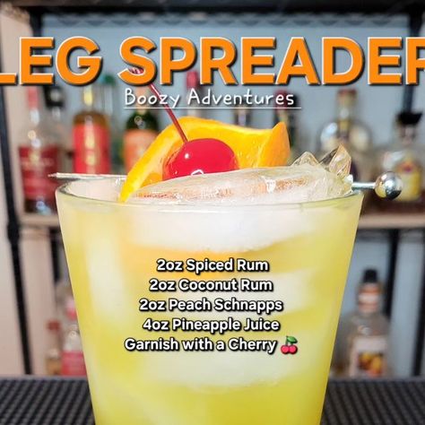 Boozy Adventures on Instagram: "LEG SPREADER   2oz Spiced Rum 2oz Coconut Rum  2oz Peach Schnapps  4oz Pineapple Juice  Garnish with a Cherry 🍒  LOWER CALORIE VERSION   1.5oz Spiced Rum 1.5oz Peach Vodka 6oz Sparkling ICE Coconut Pineapple  #drinks #husbandapproved #cocktails #homebar #bartender  #mixeddrinks #rum #coconutrum #vodka #funny" Leg Spreader Drink, Tipsy Bartender Recipes, Coconut Rum Drinks, Iced Tea Cocktails, Rum Drinks Recipes, Peach Vodka, Bartender Drinks, Christmas Punch Recipes, Pineapple Drinks