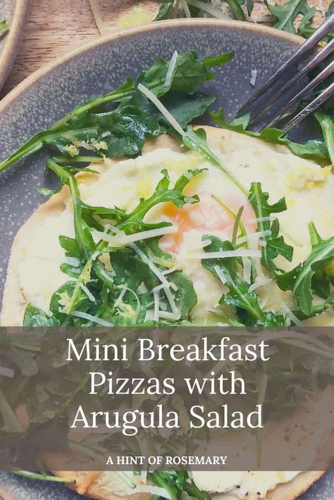 Crispy crust, warm gooey egg & crunchy peppery arugula - all in one glorious bite. Definitely give these Mini Breakfast Pizzas with Arugula Salad a try at home. Delicious any time of day. ♡ A Hint of Rosemary #pizza #flatbread #semihomemade #breakfast #brunch #dinner #eggs #cheese #ricotta #ahintofrosemary #vegetarian Rosemary Pizza, Dinner Eggs, Breakfast Pizzas, Pizza Flatbread, Mini Breakfast, Digital Food Scale, Arugula Salad, Breakfast Pizza, Mini Pizza