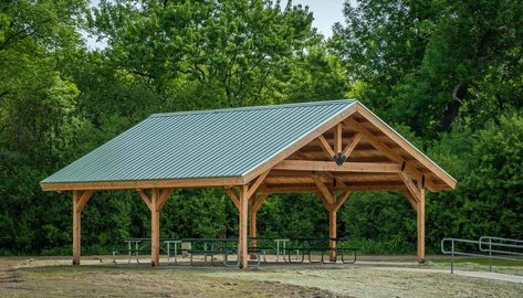 Post And Beam Garage, Backyard Dining Area, Small Pavilion, Post And Beam Shed, Log Structures, Picnic Pavilion, Campsite Ideas, Yard Bar, Picnic Shelter