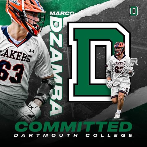 Sports graphic for Marco Dzamba. Celebrating his commitment to Dartmouth College as a LaCrosse Player. Sports Commitment Graphic, Committed Graphic Sports, Committed Graphic, Commitment Graphic, Graphic Design Stickers, Shop Graphic Design, College Lacrosse, Dartmouth College, College Baseball