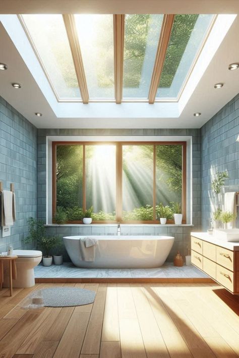 Bring the outdoors in with a bathroom skylight. Enjoy natural daylight and stargazing from your tub. #Skylight #NaturalLighting Bathroom With Glass Ceiling, Angled Skylight, Bathroom With Sky Light, Sky Light Bathroom, Bathtub With Skylight, Skylight In The Bathroom, Open To Sky Bathroom Natural Light, Bathroom With Skylight Natural Light, Skylight Bathroom