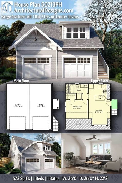 Garage Apartment with 1 Bed, 2 Cars and Laundry Upstairs - 50213PH | Architectural Designs - House Plans 3 Car Garage Loft Apartment, Loft Above Single Car Garage, Loft Above Garage Apartment, Loft Apartment Over Garage Floor Plans, Mini Garage Door In Kitchen, Carriage House Garage Craftsman, Loft Apartment Over Garage, Garage With Loft Exterior, Small Garage Apartment With Loft