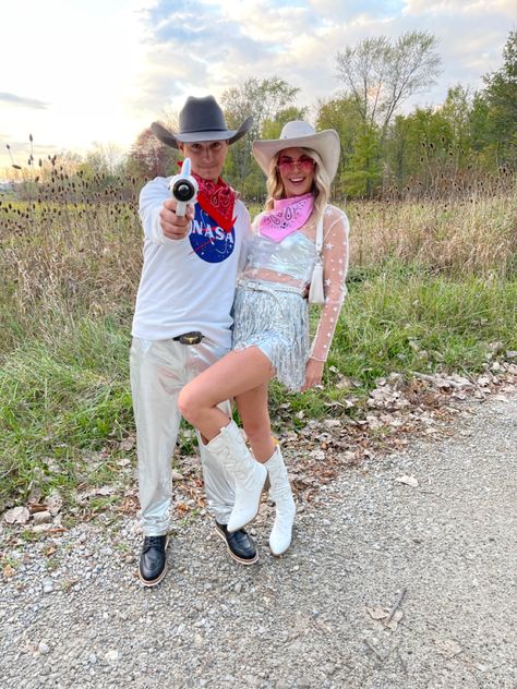 Halloween costume Space Cowboy And Alien Costume, Space Cowboys Couple Costume, Cowboy And Alien Costume, Space Cowboy And Cowgirl Couple Costume, Couple Halloween Costumes Cowboy And Cowgirl, Cow And Cowboy Couple Costume, Space Cowboy Costume Couple, Space Cowgirl Party Outfit, Cowboys And Aliens Costume