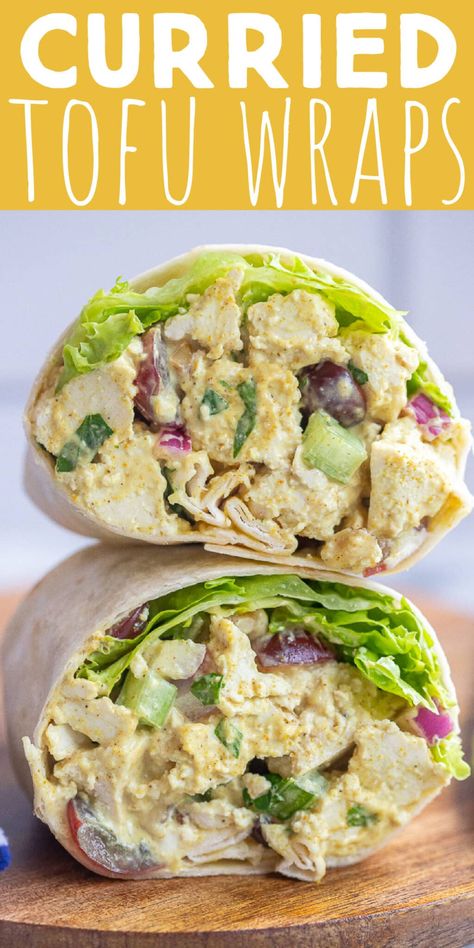 These Vegan Curried Tofu Wraps come together in just about 15 minutes, and they're great for a protein packed lunch! The curry powder adds so much amazing flavor and super firm tofu has great texture. The curry tofu salad can be made ahead of time for easy lunches all week long. #wrap #vegan #curriedtofu #plantbased #lunch Make Ahead Tofu Recipes, Cold Tofu Salad Recipes, Kale Wraps Vegan, Shredded Tofu Wrap, Tofu Wrap Recipe, Vegan Wrap Ideas, Vegan Work Lunch, Vegan Wrap Recipes, Protein Packed Lunch