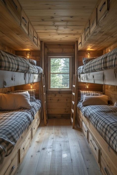 Bunk Cabin Bunkhouse, Multiple Bunk Beds In One Room Cabin, Hunting Bunk House, Small Cabin Bunk Room, Bunkroom Ideas Grandkids, Bunk House Ideas Cabin, Rustic Bunk Room, Tiny Bunk Room, Cottage Cabin Decor