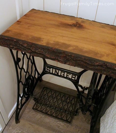 Antique Treadle Sewing Machine Base + Live Edge Wood Top = Eclectic Modern Night table | Frugal Family Times Sewing Machine Illustration, Singer Sewing Machine Repurposed, Antique Sewing Machine Table, Old Sewing Machine Table, Modern Night Table, Sewing Machine Table Diy, Singer Sewing Machine Table, Sewing Machine Tables, Sewing Machine Table