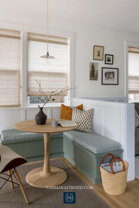 Adorable custom bench, upholstery and breakfast nook in our Green Lake kitchen. Lake Kitchen, Custom Bench, Custom Benches, Green Lake, Kitchen Nook, Breakfast Nook, Kitchen Organization, Nook, Kitchens