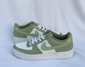 Green Air Force 1, Green Air Force, Green Nike Shoes, Olive Green Shoes, Custom Nike Air Force 1, Custom Nike Air Force, Painted Nikes, Sam & Cat, Painted Sneakers