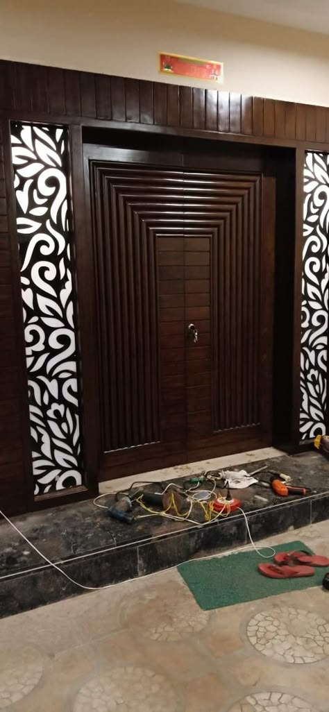 Indian Double Door Design, Wooden Main Door Design Entrance Modern Double, Main Entrance Door Design Architecture, Main Double Door Design Wood, Front Home Design, Entrance Wall Design, Wooden Double Front Doors, Main Door Design Entrance, Indian Main Door Designs