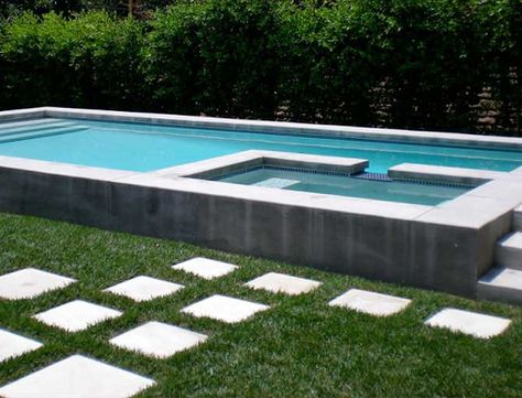 partially above ground concrete pool Semi Above Ground Pool, Lap Pools Backyard, Pool Concrete, Cool Garden Ideas, Cement Pools, Pool Design Modern, Concrete Shower, Shower Window, Dreamy Backyard