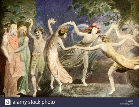 A Midsummer Night's Dream by William Shakespeare, Act IV Scene I - Oberon, Titania and Puck with fairies dancing, illustration Stock Photo Elf Dance, John Everett Millais, Fairies Dancing, Francisco Goya, William Blake, Midsummer Nights Dream, Art Uk, Artist Statement, Estilo Art Deco