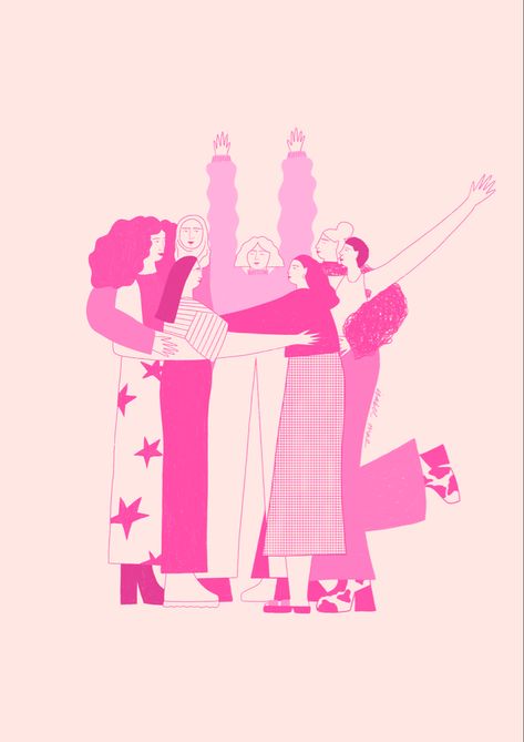 Go celebrate the amazing, wonderful women in your life. A pink, monochrome illustration of different women hugging in funky clothing Women Hugging, Monochromatic Illustration, Funky Clothing, Hug Illustration, Pink Monochrome, Monochrome Illustration, Woman Illustration, People Illustration, Graphic Design Illustration