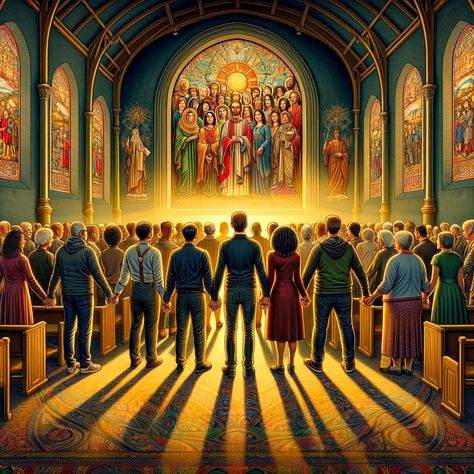 An illustration depicting a diverse group of people from various backgrounds and traditions, standing together in a church setting. They are holding hands, symbolizing unity and solidarity, with a warm, golden light shining through stained glass windows, casting colorful patterns on the walls and floor. The image conveys a strong sense of connection and community, representing the affirmation... Unity Pictures, Unity Image, Unity Drawing, Diverse Group Of People, People Holding Hands, Connection With God, Church Community, Church Images, Diverse People