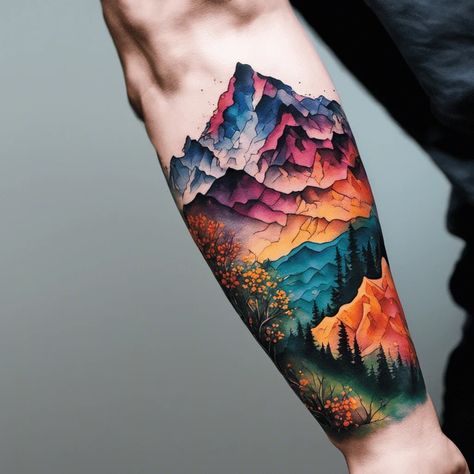 Sandia Mountains Tattoo, Mountain Color Tattoo, Mountain Watercolor Tattoo, Colorful Mountain Tattoo, Mountain Tattoo Color, Floral Dog Tattoo, Watercolor Mountains Tattoo, Waterfall Tattoo, Small Mountain Tattoo