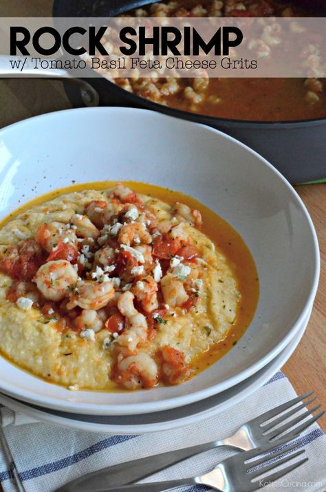 Make this easy weeknight recipe of Rock Shrimp with Tomato Basil Feta Cheese Grits in less than 30 minutes! Small Batch Dinner, Southern Comfort Food Recipes, Pescetarian Meals, Seafood Brunch, Pescetarian Diet, Rock Shrimp, Southern Comfort Food, Cheese Grits, Dinner For 2