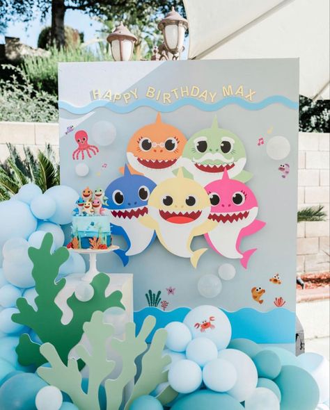 Pinkfong Birthday Party Decorations, Baby Shark Backdrop, Cumpleaños Baby Shark, Baby Shark Party Decorations, Baby Shark Birthday Party Boy, Baby Shark Theme Birthday, Baby Shark Christmas, Nemo Birthday Party, Shark Party Decorations