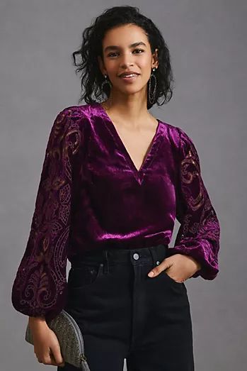 purple Velvet Top Outfit, Purple Velvet Top, Cutwork Top, Velvet Blouses, Top Outfit, Tie Neck Blouse, Velvet Top, Cut Out Top, Purple Velvet