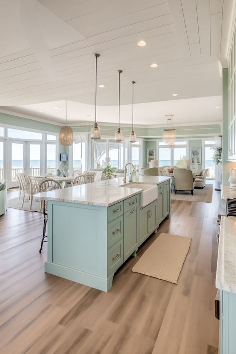 Seafoam Green Coastal Kitchens: A Refreshing Twist Coastal Kitchens Beach Houses, Traditional Beach House, Kitchen Beach House, Coastal Kitchens, Coastal Palette, Mint Kitchen, Legacy Challenge, Green Kitchen Accessories, Green Appliances