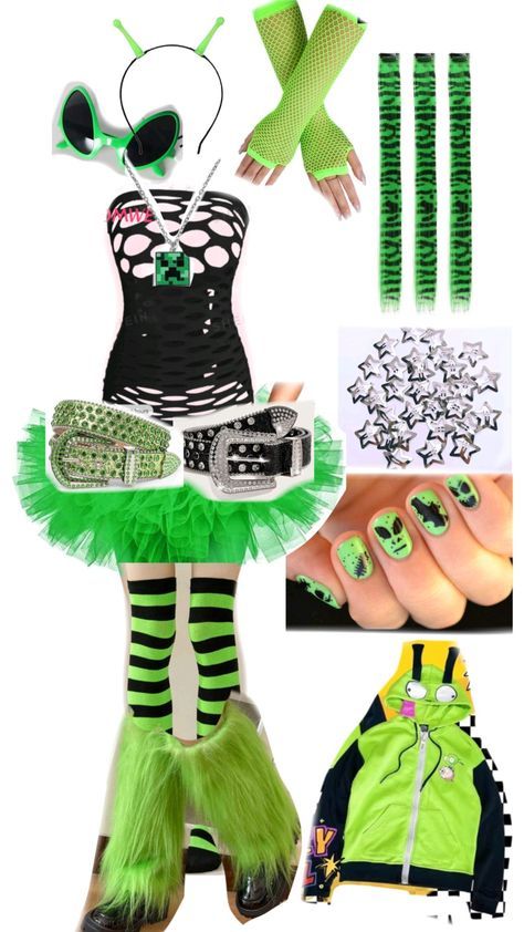 Tacky Day Spirit Week, Green Punk Outfits, Alien Core Outfits, Green Day Concert Outfit, Outfit Ideas For Ocs, Alien Aesthetic Outfit, Scene Aesthetic Outfits, Alien Outfit Ideas, Scene Outfit Ideas