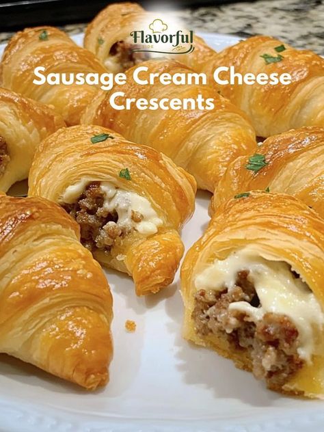 Flavorful side | # FULL RECIPE: https://flavorfulside.com/sausage-cream-cheese-crescents/ | Facebook Sausage Cream Cheese Crescents, Crescent Sausage Bites, Sausage And Cream Cheese, Sausage Cream Cheese, Crescent Bake, Cream Cheese Crescent Rolls, Crescent Recipes, Easy To Make Appetizers, Crescent Dough